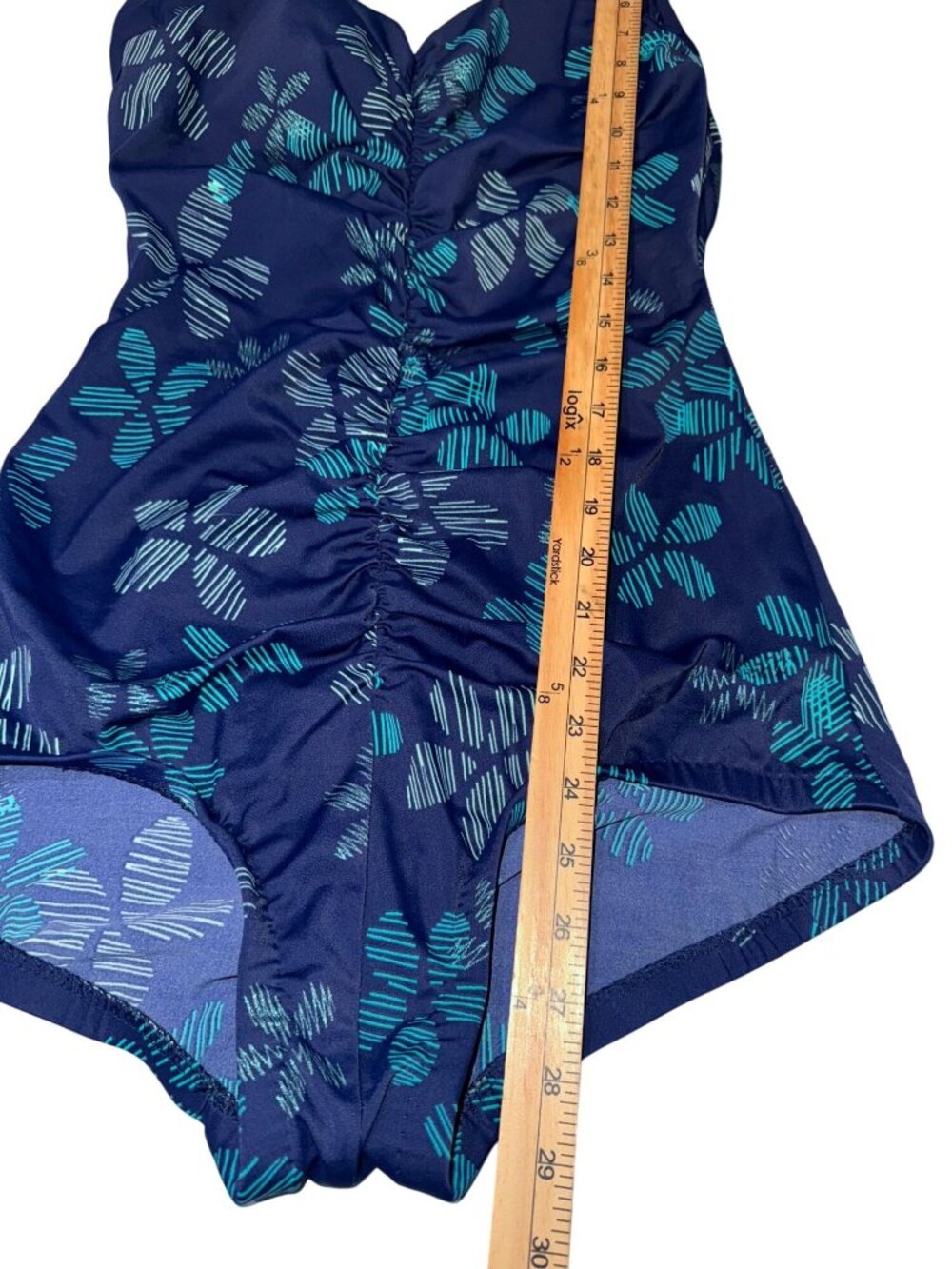 One-Piece Maxine Swimsuit With Ruched Front & Tropical Print Blue & Teal Womens - Picture 9 of 10